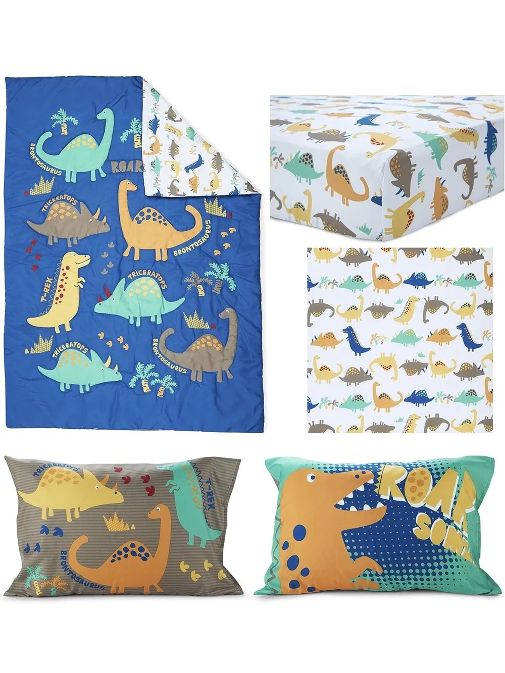 Toddler Dino Bedding Set - Blue and Yellow Dino Design